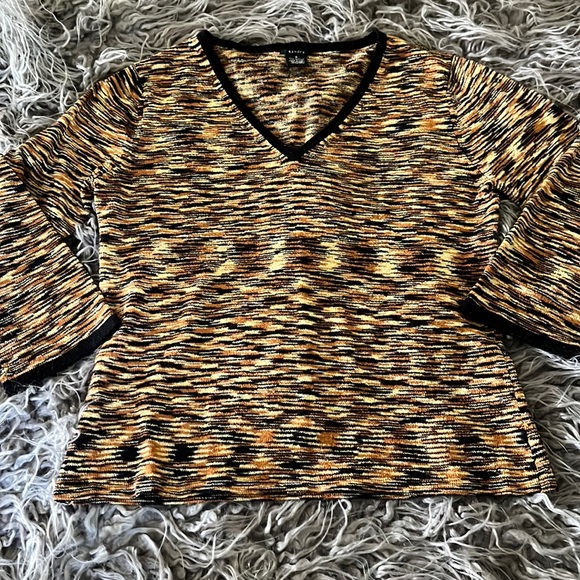Yellow & black space dyed knit v-neck sweater S retro fitted stretch 3/4 sleeve - Picture 1 of 5